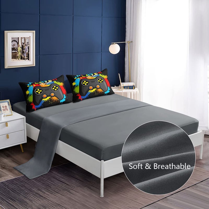 lris Bedding 6 Pieces Bed in a Bag for Gaming Bedding Set,Boys Gamer Comforter Set with Flat Sheet,Fitted Sheet,Pillowcases,Cushion Cover,Game Console Pattern Bed Set for Kids Boys Room Decor - Image 3